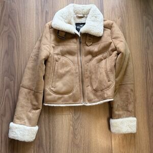 Hollister Women's Brown Faux Fur Lined Short Jacket with Y2K StyleBuckle Size XS